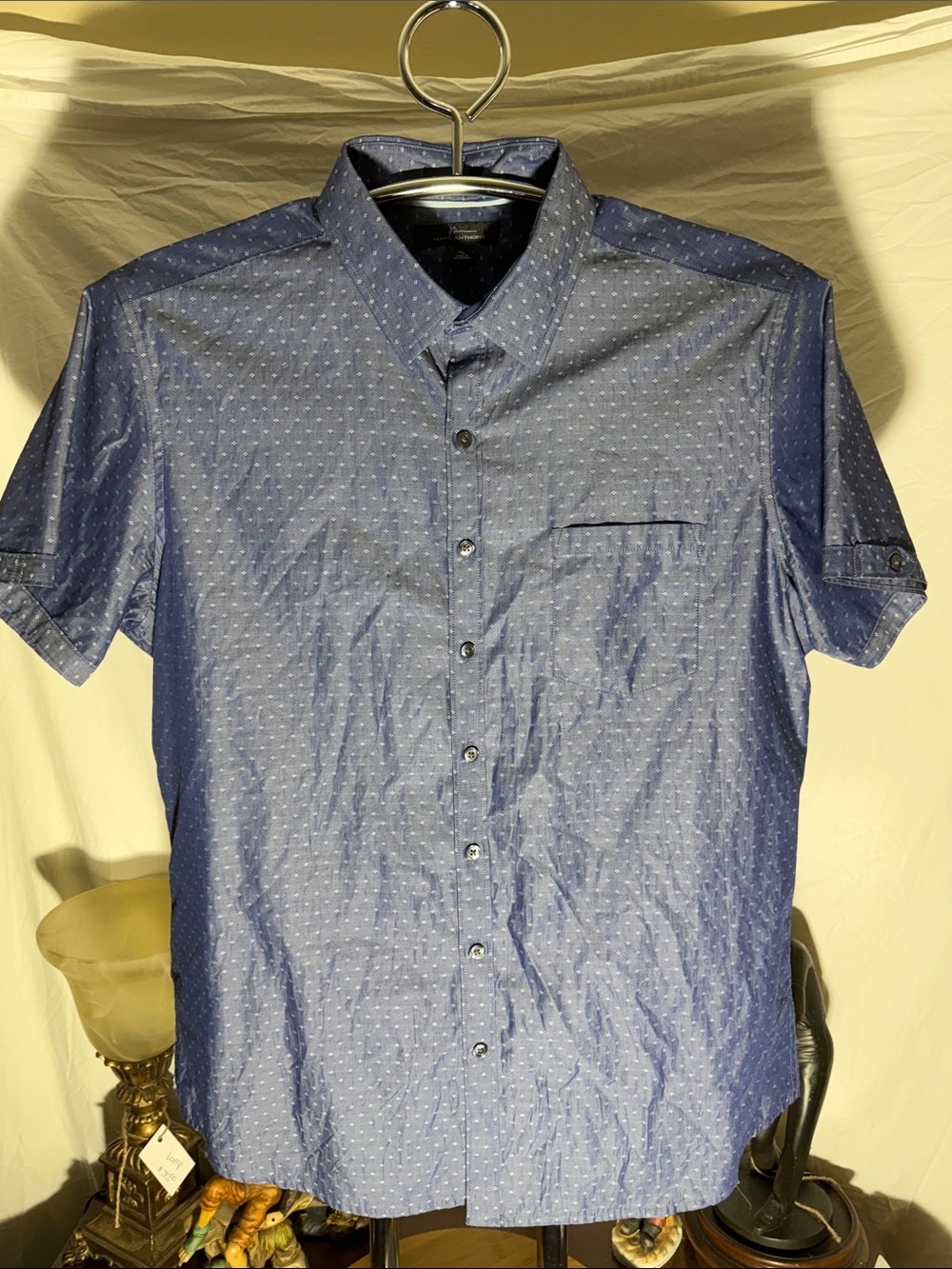 Marc Anthony Navy Blue Short-Sleeve Dot-Print Button-Down Shirt